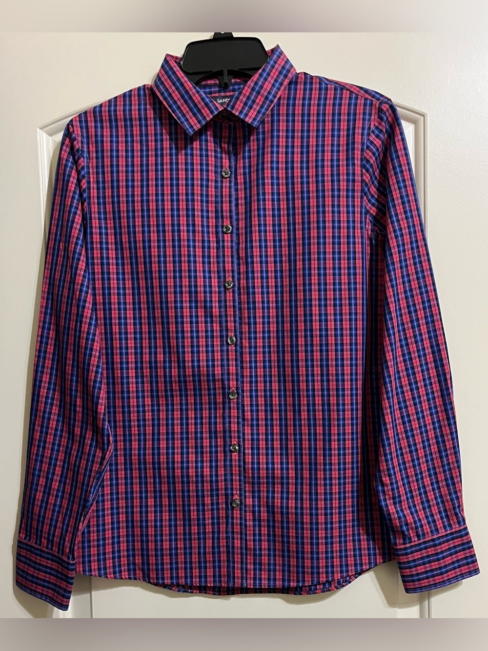 Lands' End No Iron Supima Women's Button Down Pink Blue Shirt Size 8